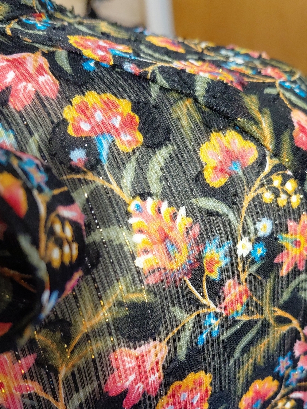 LOFT Black Floral Short-Sleeve Peasant Blouse with Pink & Red Flowers - Picture 10 of 11